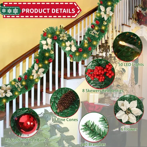 Vista 3 de JUNEBRUSHS Guirnalda de Navidad de 9 pies con luces, guirnalda decorativa con 50 luces LED, funciona con pilas, ratán verde artificial preiluminado