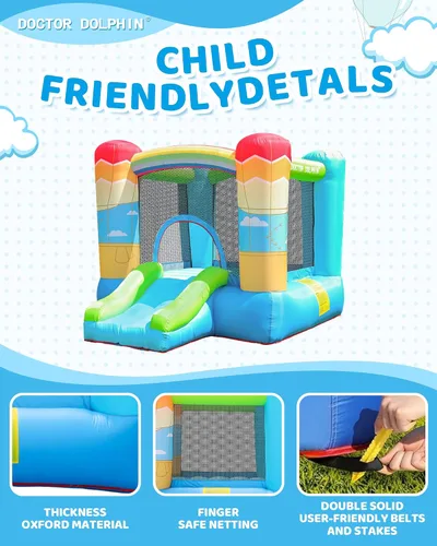 Vista 7 de Doctor Dolphin Casa Inflable Castillo Hinchable con Soplador para Niños Pequeños Exterior o Interior Casa Saltarina Rosa Casa de Saltos Castillo