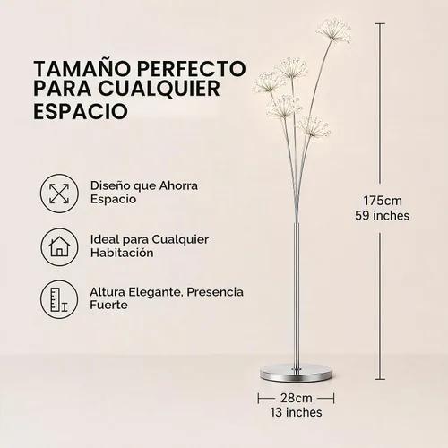 Vista 2 de DYRABREST Moderna lámpara de pie LED de diente de león de cristal con control remoto de pie, elegante luz de pie de 5 cabezales para sala de estar