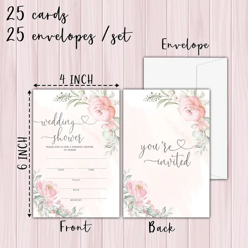 Vista 2 de Invitaciones de boda de color rosa rubor – Invitaciones elegantes para despedida de soltera – Invitación de brunch nupcial en acuarela – Rosas