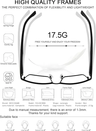Vista 5 de OCCI CHIARI Gafas de filtro de luz azul para hombres Gafas cuadradas Marco de computadora Gaming Glasses Nerdy