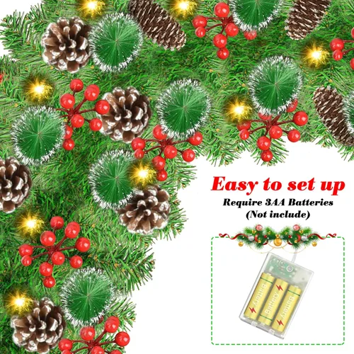 Vista 2 de Guirnalda de Navidad con luces: guirnalda iluminada de 9 pies con conos de pino bayas rojas, decoración navideña interior y exterior para chimenea