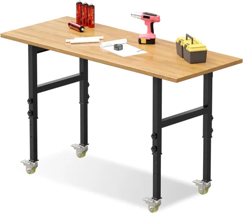 Vista 12 de Banco de trabajo resistente de altura ajustable de 48 pulgadas, banco de trabajo con parte superior de madera de goma, con cajones de toma