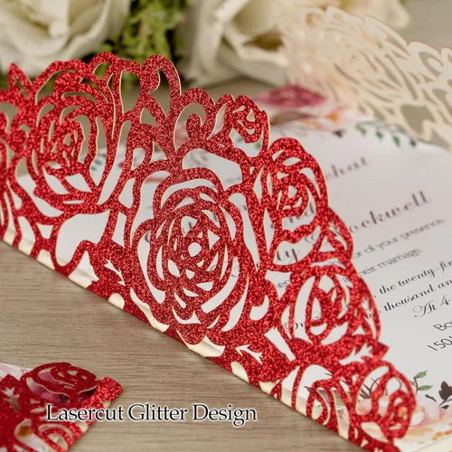 Vista 5 de 50 tarjetas de invitaciones de boda burdeos con sobres de 5 x 7 pulgadas, en blanco, 250 GSM, insertos de papel de pera con purpurina, invitaciones