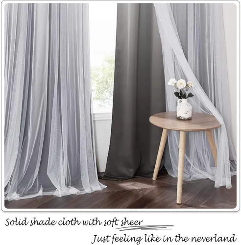 Vista 4 de PONY DANCE Cortinas para Sala de Estar - Cortinas Opacas Gris Degradado con Superposición de Gasa Blanca Térmicamente Aisladas Mezcla y Combina