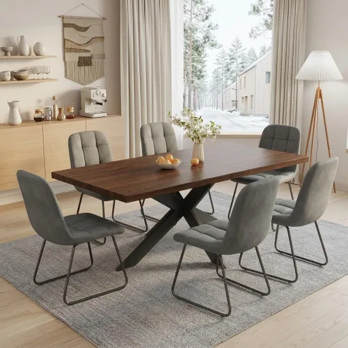 Vista 27 de 6-Piece Extendable Dining Table Set, Modern 63''–79'' Grey Wood Table with 6 Grey Fabric Chairs, Dining Room Table and Chairs for 6, Ideal for 1