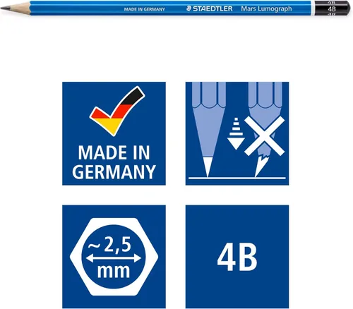 Vista 5 de STAEDTLER Mars Lumograph 4B Lápiz de dibujo de arte de grafito, medio suave, mina unida resistente a la rotura, paquete de 12, 100-4B