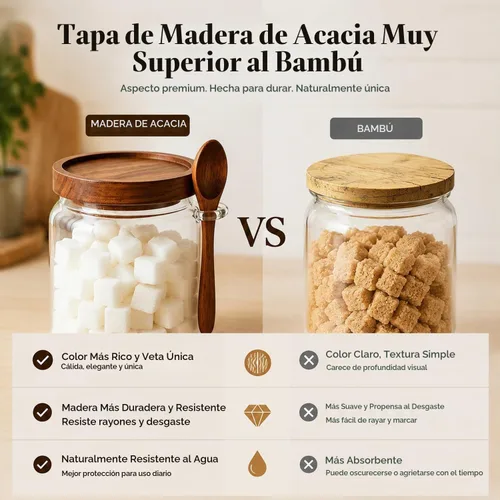 Vista 3 de ComSaf Tarros de azúcar con tapas y cucharas de madera de acacia de 0.5