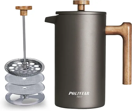 Vista 11 de POLIVIAR - Cafetera de prensa francesa, prensa de café de 34 onzas con mango de madera real, aislamiento de doble pared y pantalla de doble filtro