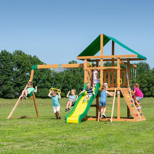 Vista 2 de Backyard Discovery Mount Mckinley - Juego de columpio de madera de cedro con tobogán de olas, plataforma de juego, pared de escalada doble, escalera