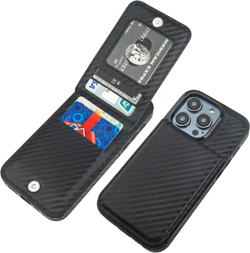 Vista 23 de KIHUWEY Funda compatible con iPhone 14 Pro con soporte para tarjeta de crédito, cierre magnético de cuero de alta calidad, función atril, funda Negro