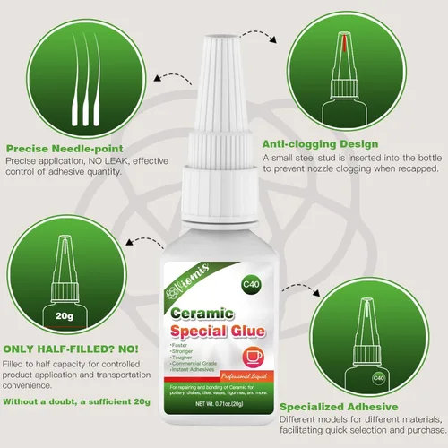 Vista 5 de 20g de pegamento cerámico, super pegamento cerámico instantáneo para reparación de porcelana y cerámica, secado rápido Resistente al calor