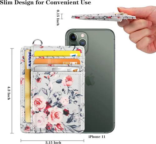 Vista 4 de Cartera delgada con bolsillo frontal RFID para tarjetas de identificación, bonita cartera pequeña con llavero para mujer