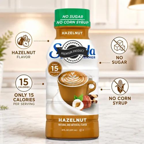 Vista 3 de Crema de café de avellana, botella de 8 onzas líquidas, sin azúcar, sin jarabe de maíz, crema líquida saborizada para café caliente o helado