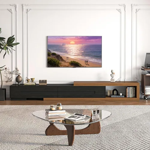 Vista 3 de Soporte de TV extensible con chimenea eléctrica de 71 a 116 pulgadas, moderno centro de entretenimiento con luces LED y toma de corriente para TV