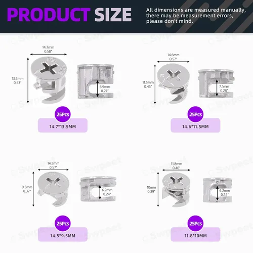 Vista 2 de Swpeet Juego surtido de accesorios de bloqueo de leva de conexión de muebles, 100 unidades, 4 tamaños, 3 en 1, conectores de gabinete, pernos