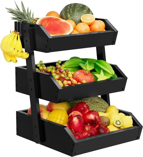 Vista 9 de Cesta de frutas de bambú de 2 niveles para encimera de cocina, gran capacidad de almacenamiento de frutas en la encimera, soporte de frutas