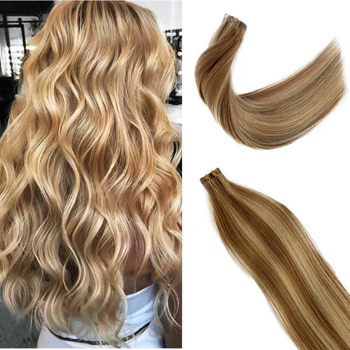 Vista 12 de Extensiones de cabello humano rubio con cinta, reflejos rubio ceniza y rubio platino, extensiones de cabello rubio platinado, cinta adhesiva