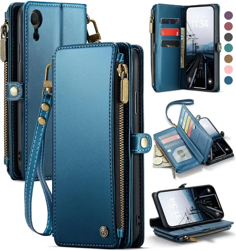 Vista 10 de Defencase Funda compatible con iPhone XR con tarjetero de bloqueo RFID para mujeres y hombres, a la moda, de piel sintética, magnética, cierre