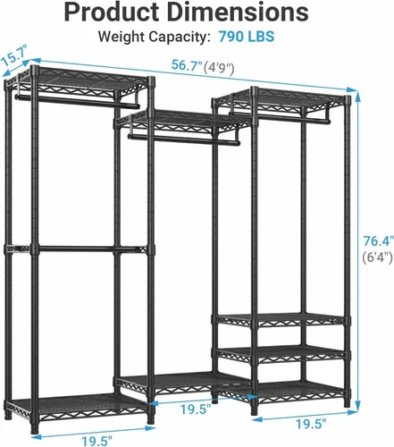 Vista 5 de VIPEK V5 Armario Portátil Mediano Perchero de Ropa Resistente, Perchero de Ropa de Metal Independiente con 4 Barras para Colgar y 8 Estantes