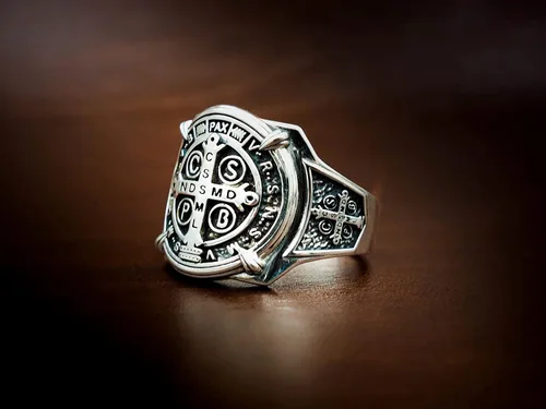 Vista 6 de Anillo de plata de ley 925 para hombre, diseño de exorcismo de San Benito, cruz, protección demonio, cazador de fantasmas