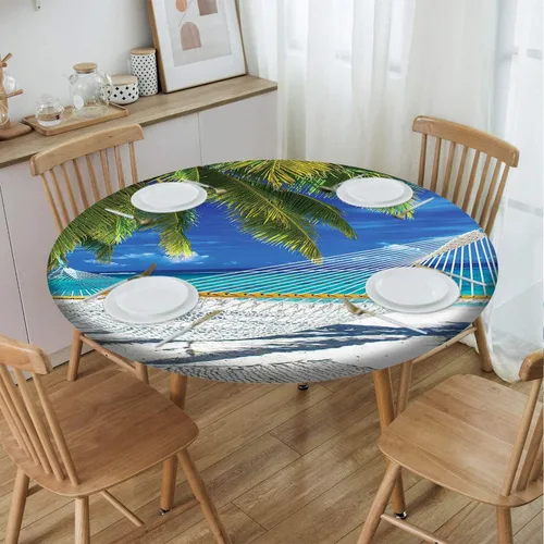 Vista 79 de Cubierta redonda con diseño de playa, borde elástico, picnic al aire libre, patio, fiesta o comedor interior, decoración de mesas de comedor, azul