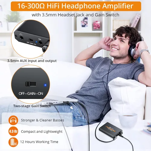 Vista 3 de Neoteck Amplificador Portátil de Auriculares de 3.5mm con Interruptor de Ganancia de Dos Etapas, 16-300 Ohm, Superficie Mate de Aluminio