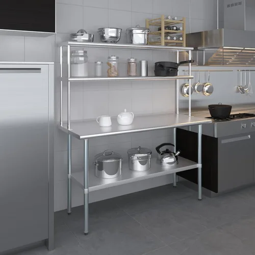 Vista 7 de Mesa de trabajo de acero inoxidable con estante ancho de doble nivel Combo de mesa de preparación de cocina y estantes de metal
