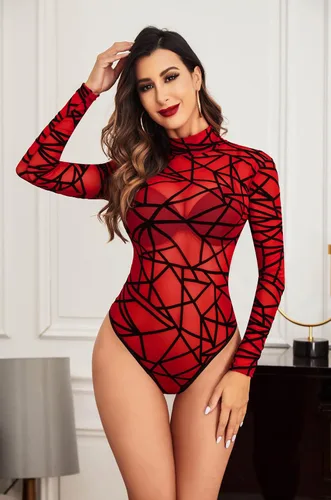 Vista 7 de Body de malla transparente, body de una pieza, casual, manga larga, body de maternidad, Rojo, XL