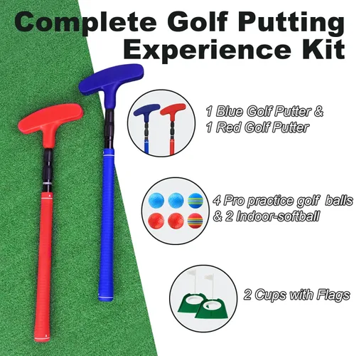 Vista 7 de Putter de golf ajustable, juego de mini golf - 2 palos de golf para niños con 6 pelotas de golf y 2 tazas con bandera, putter bidireccional