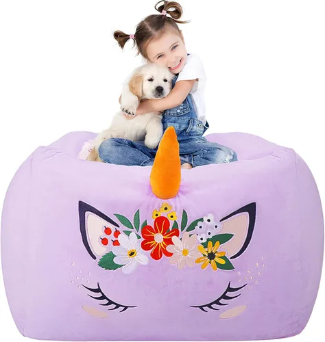 Aubliss - Puf de almacenamiento para animales de peluche en forma de unicornio para niños, funda de terciopelo extra suave, puf extra grande con