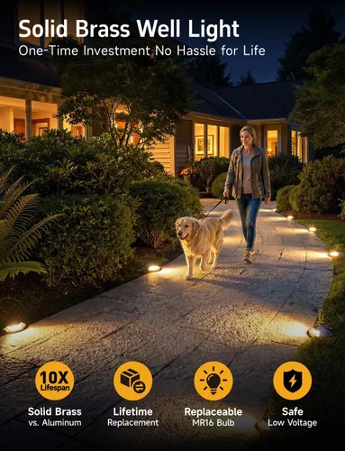 Vista 3 de Gardenreet Kit de luces de pozo de latón en el suelo (paquete de 4) con transformador de bajo voltaje de 75 W y bombilla MR16 y cable y conectores