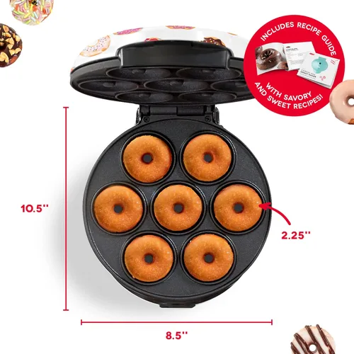 Vista 3 de Máquina para hacer donas Dash Mini para desayuno apto para niños, aperitivos, postres y más con superficie antiadherente, hace 7 donas, estampado