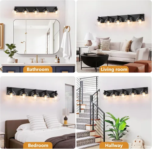 Vista 21 de Accesorios de iluminación de baño estilo granja, accesorios de luz de baño de madera de 3 luces sobre espejo, apliques rústicos de pared
