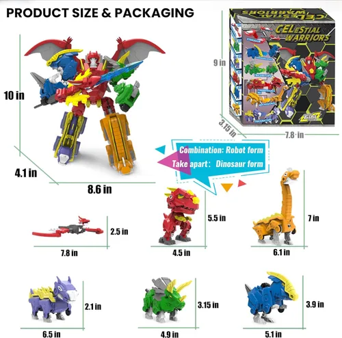 Vista 5 de Wenbeier Juguetes de robot dinosaurio 6-en-1, juguetes de robot transformables, juguetes para desmontar que incluyen 6 figuras de acción