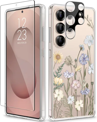 Vista 46 de GVIEWIN Funda protectora para Samsung Galaxy S25, transparente floral, delgada, a prueba de golpes, para mujer, no se pone amarilla, con protector