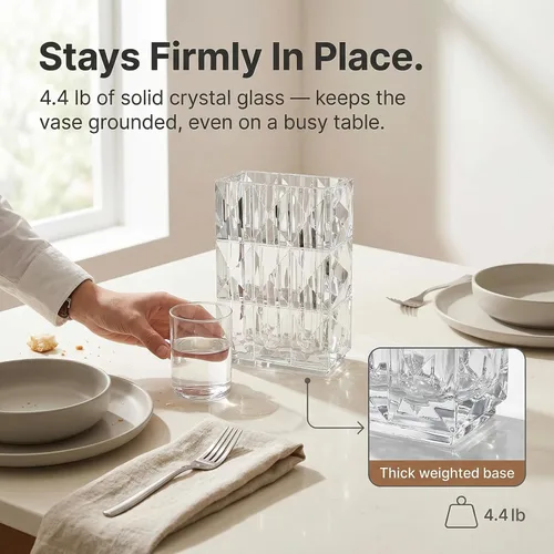 Vista 2 de Clear Crystal Flower Vase Heavyweight Glass Centerpiece Modern Rectangular Decorative Vases for Living Room Minimalist Home Decor Securely Packaged