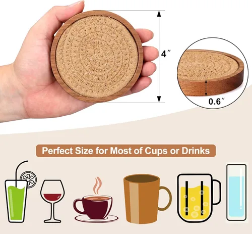 Vista 2 de Juego de 5 posavasos de madera absorbentes de 4 pulgadas, posavasos modernos de madera de acacia para bebidas, decoración de mesa auxiliar, granja