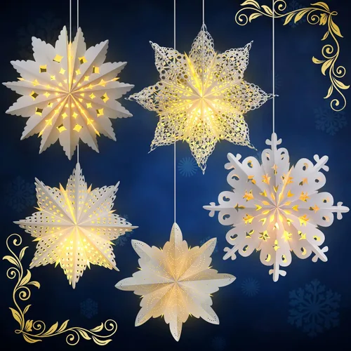 Vista 9 de Mudder 5 Piezas Faroles Grandes de Papel de Copo de Nieve de Navidad con 7 Luces de 23.6/17.7 Pulgadas Papel de Estrella Lámpara Colgante 3D