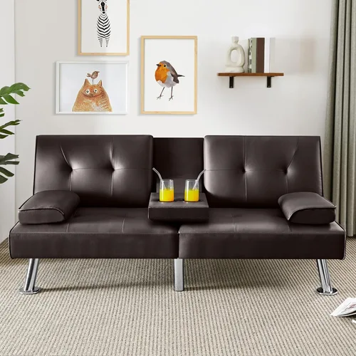 Vista 65 de Yaheetech Sofá biplaza cama, convertible, tela, ajustable, moderno, reclinable, reversible, plegable, reposabrazos extraíbles, portavasos, 3
