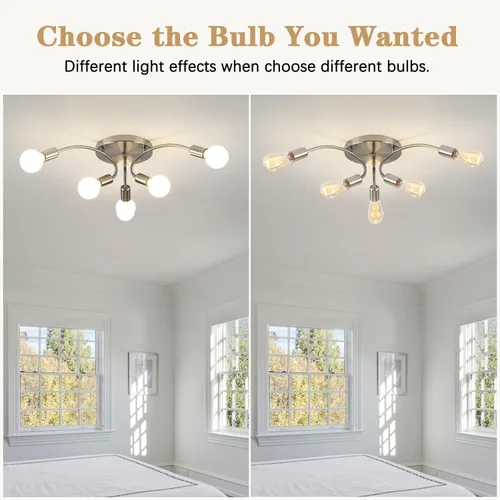 Vista 6 de Lámpara de araña Sputnik de níquel cepillado de 6 luces, moderna lámpara de techo semiempotrada, lámpara de techo industrial de metal para sala