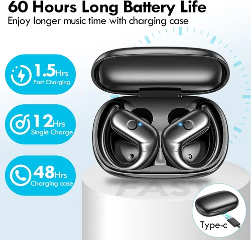Vista 8 de kurdene Auriculares Inalámbricos Bluetooth Deportivos, Auriculares Sobre la Oreja con Sonido de Graves Profundos, 60 Horas de Reproducción