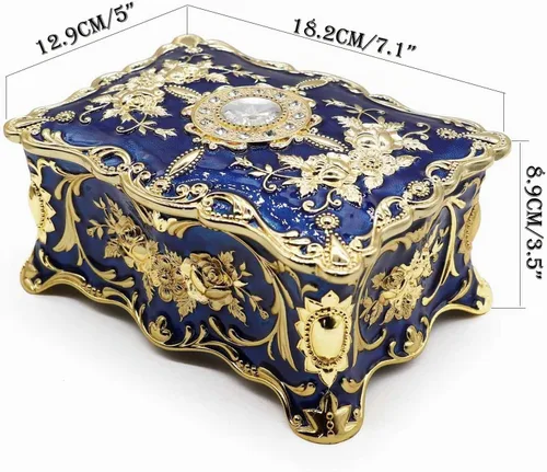Vista 3 de Caja de joyería de lujo vintage rectangular de aleación de metal con organizador de baratijas y patrón de rosas para mujeres y niñas, diseño de dos