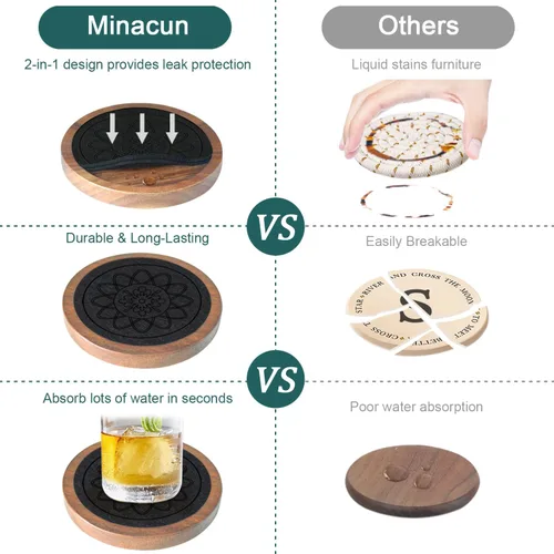 Vista 3 de Posavasos de madera para bebidas, Minacun conjuntos de posavasos absorbentes de 5, posavasos para bebidas para protección de mesa de café