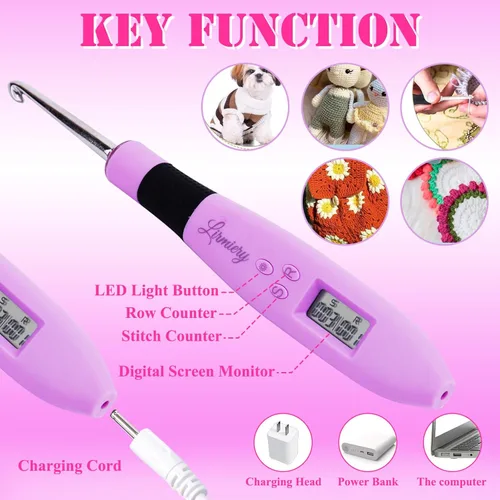 Vista 5 de Juego de Ganchos de Ganchillo con Cuenta Digital, Gancho de Ganchillo Ergonómico con Luz LED y 2 Niveles de Brillo Ajustable, Ganchos de Ganchillo