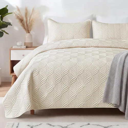 Vista 19 de Whale Flotilla Juego de ropa de cama extra suave, colcha amarilla ligera tamaño Queen con patrón moderno, colcha reversible de 3 piezas con 2 fundas