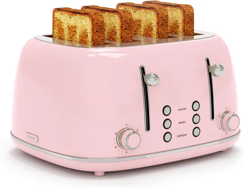 Vista 11 de Tostadora de 4 rebanadas, tostador retro de acero inoxidable con 6 ajustes de tostado de pan, ranuras de 1.5'' de ancho con funciones