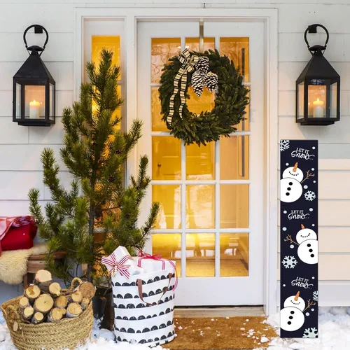 Vista 5 de Letrero navideño para porche Let It Snow decoración colgante de invierno para puerta delantera, letrero vertical de madera de bienvenida