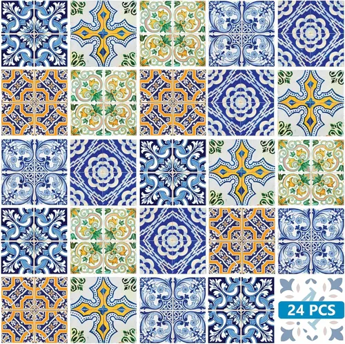 Vista 18 de Juego de 24 calcomanías para azulejos de salpicaduras en muro, azulejos tradicionales de Talavera, calcomanías para azulejos de baño y cocina Barra