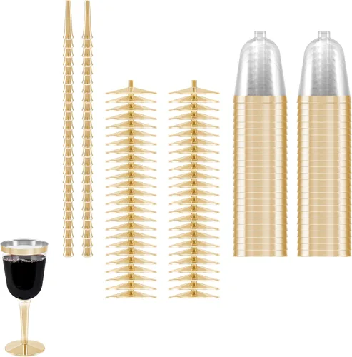 Vista 6 de BloominGoods Copas de vino desechables con tallo, 10 onzas, copas de vino de plástico con borde dorado para fiestas, bodas, grandes copas de vino